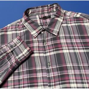 John Varvatos Shirt Mens XXL Purple Plaid Button Casual Preppy Cotton Blend Logo